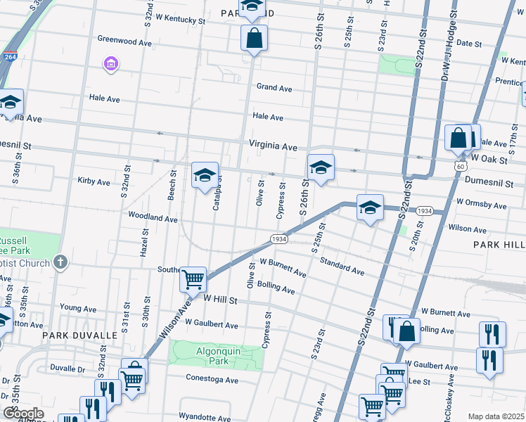 map of restaurants, bars, coffee shops, grocery stores, and more near 1344 Cypress Street in Louisville