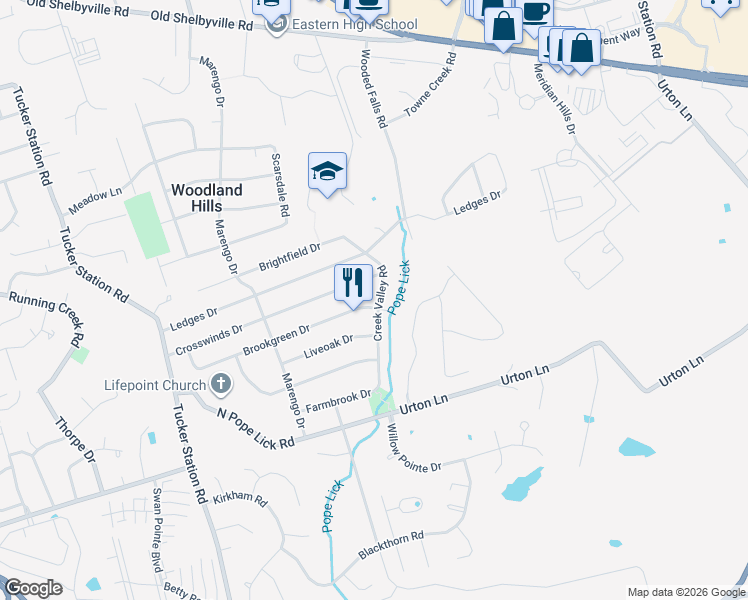 map of restaurants, bars, coffee shops, grocery stores, and more near 12410 Crosswinds Drive in Louisville