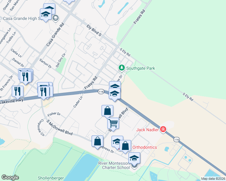 map of restaurants, bars, coffee shops, grocery stores, and more near 1688 SouthView Drive in Petaluma