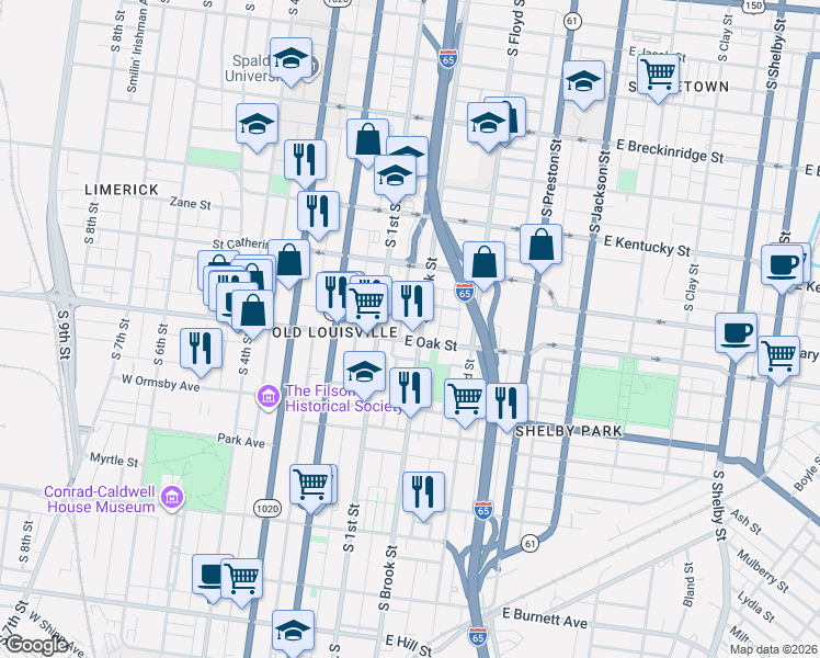 map of restaurants, bars, coffee shops, grocery stores, and more near 1141 South Brook Street in Louisville