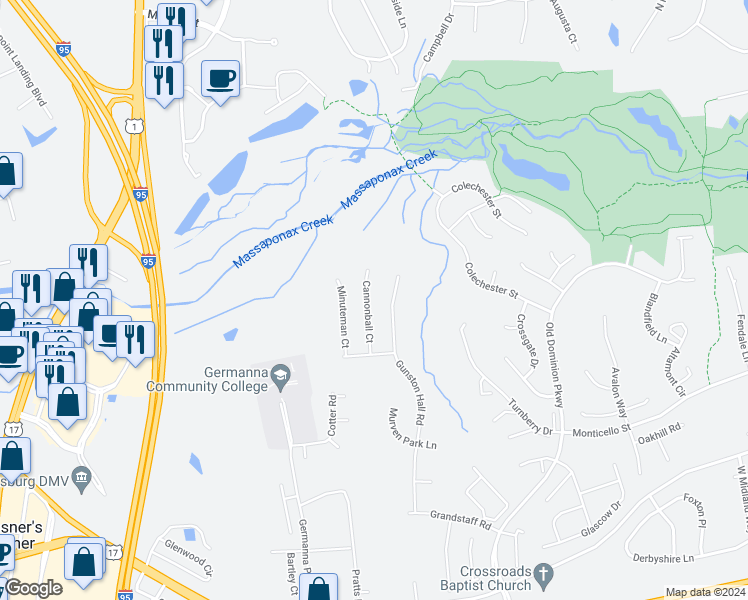 map of restaurants, bars, coffee shops, grocery stores, and more near 9815 Cannonball Court in Fredericksburg