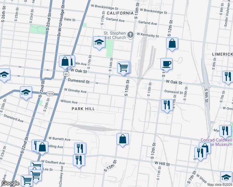 map of restaurants, bars, coffee shops, grocery stores, and more near 1541 West Ormsby Avenue in Louisville