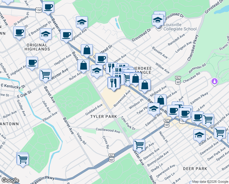 map of restaurants, bars, coffee shops, grocery stores, and more near 1250 Bardstown Road in Louisville