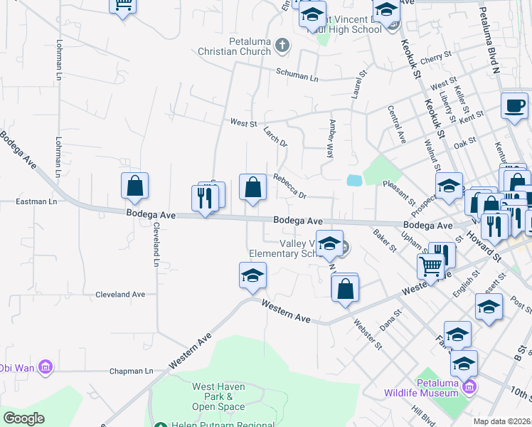 map of restaurants, bars, coffee shops, grocery stores, and more near 800 Bodega Avenue in Petaluma