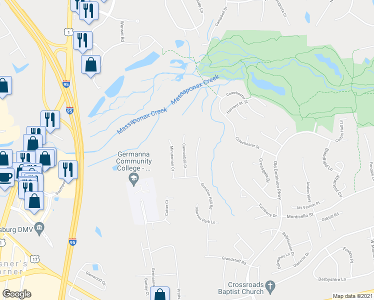 map of restaurants, bars, coffee shops, grocery stores, and more near 9815 Cannonball Court in Fredericksburg