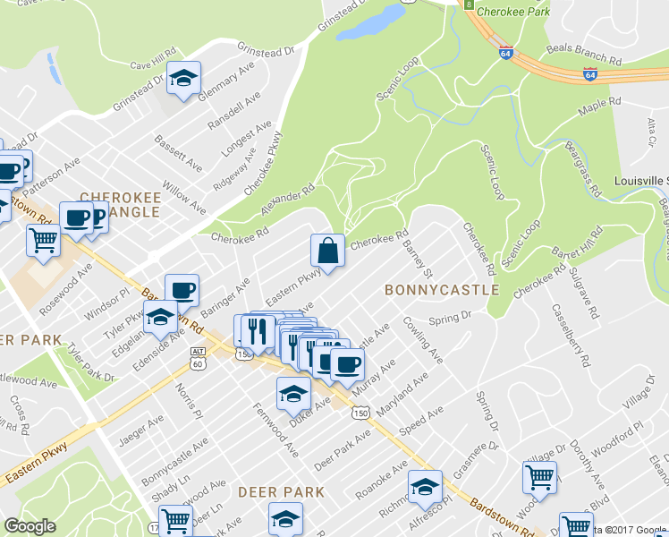 map of restaurants, bars, coffee shops, grocery stores, and more near 2116 Eastern Pkwy in Louisville