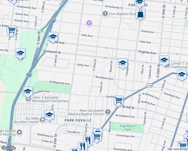 map of restaurants, bars, coffee shops, grocery stores, and more near 3119 Woodland Avenue in Louisville