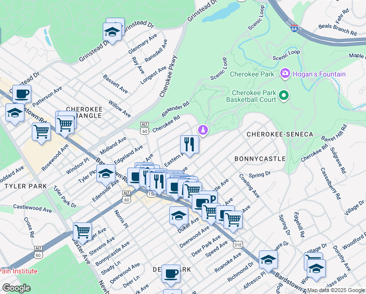 map of restaurants, bars, coffee shops, grocery stores, and more near 2103 Eastern Pkwy in Louisville