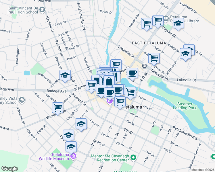 map of restaurants, bars, coffee shops, grocery stores, and more near 107 Water Street in Petaluma