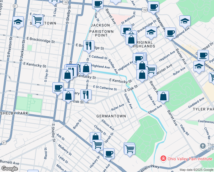 map of restaurants, bars, coffee shops, grocery stores, and more near 1065 East Saint Catherine Street in Louisville