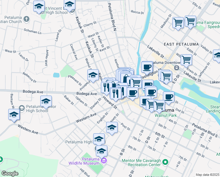 map of restaurants, bars, coffee shops, grocery stores, and more near 312 Washington Street in Petaluma