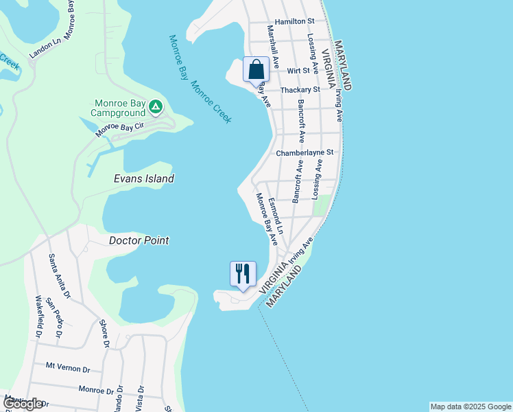 map of restaurants, bars, coffee shops, grocery stores, and more near 1323 Monroe Bay Avenue in Colonial Beach