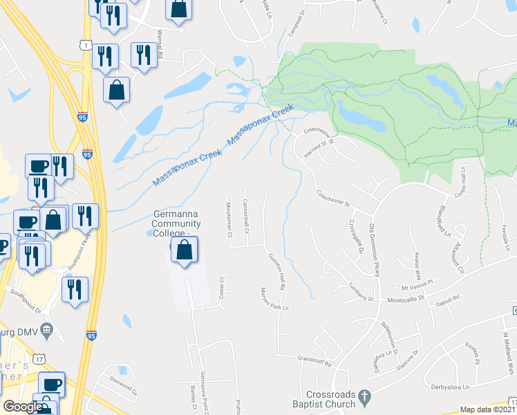 map of restaurants, bars, coffee shops, grocery stores, and more near 9816 Gunston Hall Road in Fredericksburg