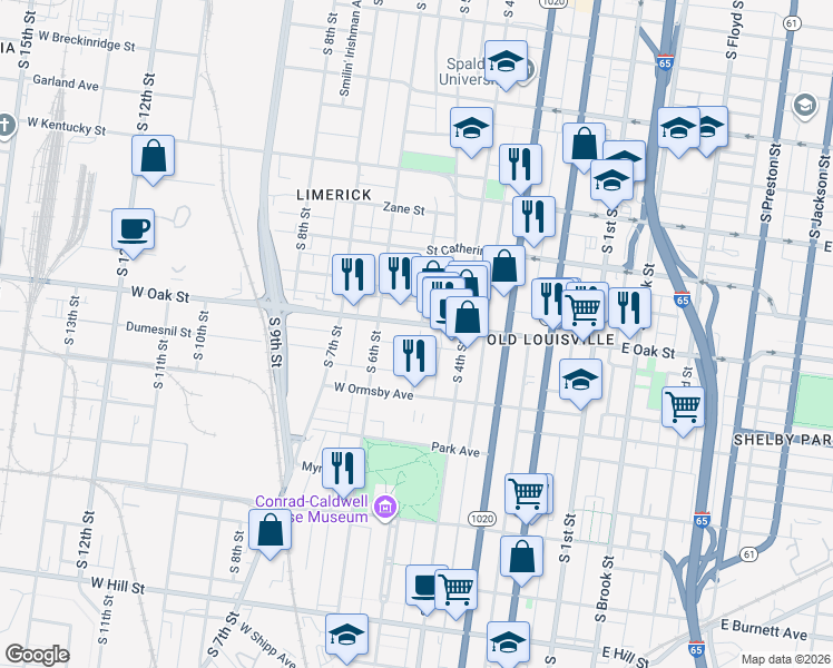 map of restaurants, bars, coffee shops, grocery stores, and more near in Louisville
