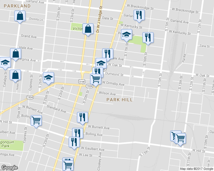 map of restaurants, bars, coffee shops, grocery stores, and more near 1788 West Ormsby Avenue in Louisville