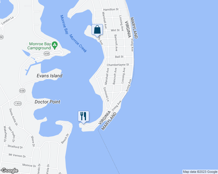 map of restaurants, bars, coffee shops, grocery stores, and more near 204 Spotswood Lane in Colonial Beach