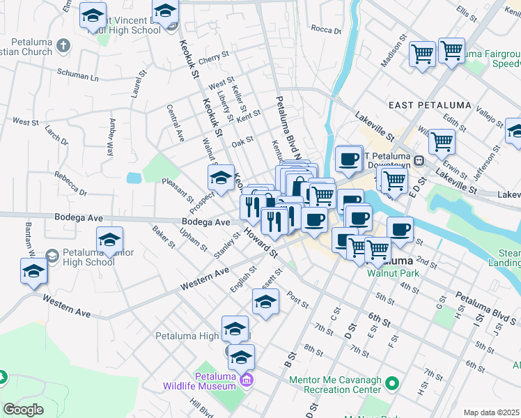 map of restaurants, bars, coffee shops, grocery stores, and more near 312 Washington Street in Petaluma