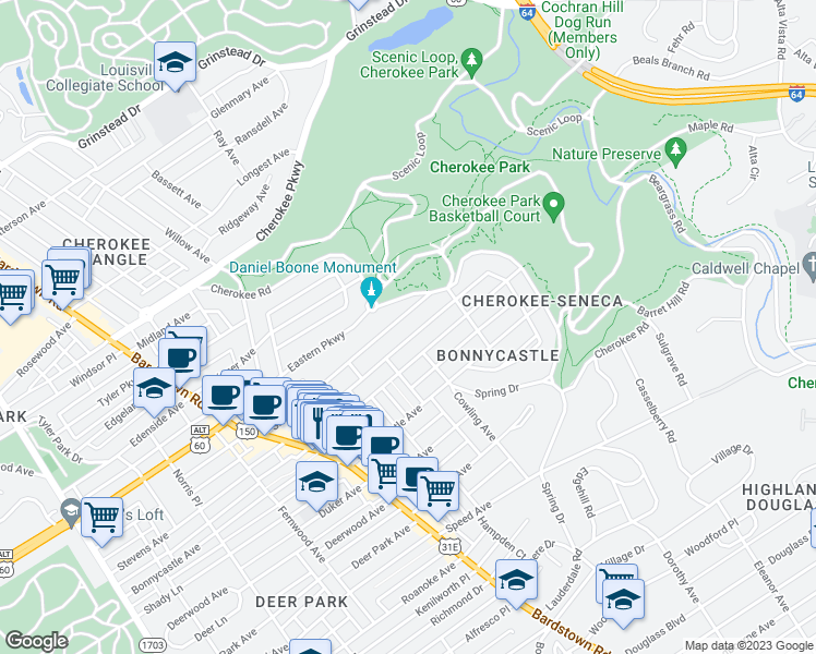 map of restaurants, bars, coffee shops, grocery stores, and more near 2212 Sherwood Avenue in Louisville