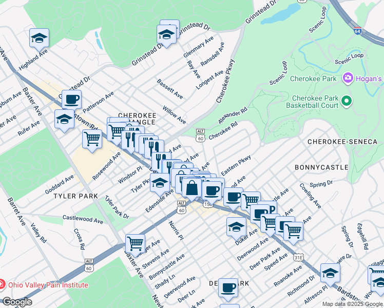 map of restaurants, bars, coffee shops, grocery stores, and more near 1430 Everett Avenue in Louisville