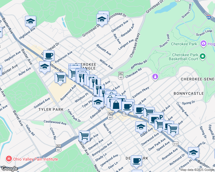 map of restaurants, bars, coffee shops, grocery stores, and more near in Louisville