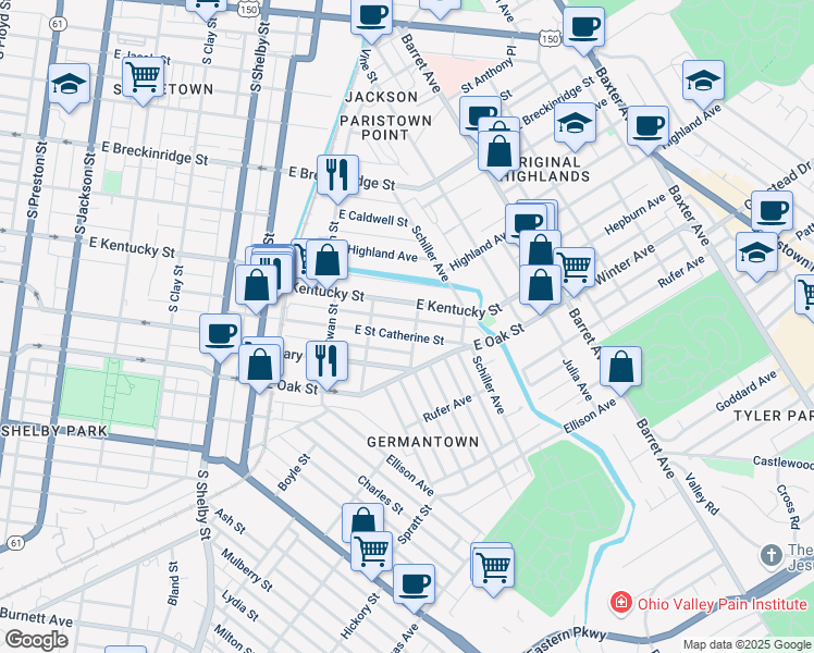 map of restaurants, bars, coffee shops, grocery stores, and more near 1065 East Saint Catherine Street in Louisville