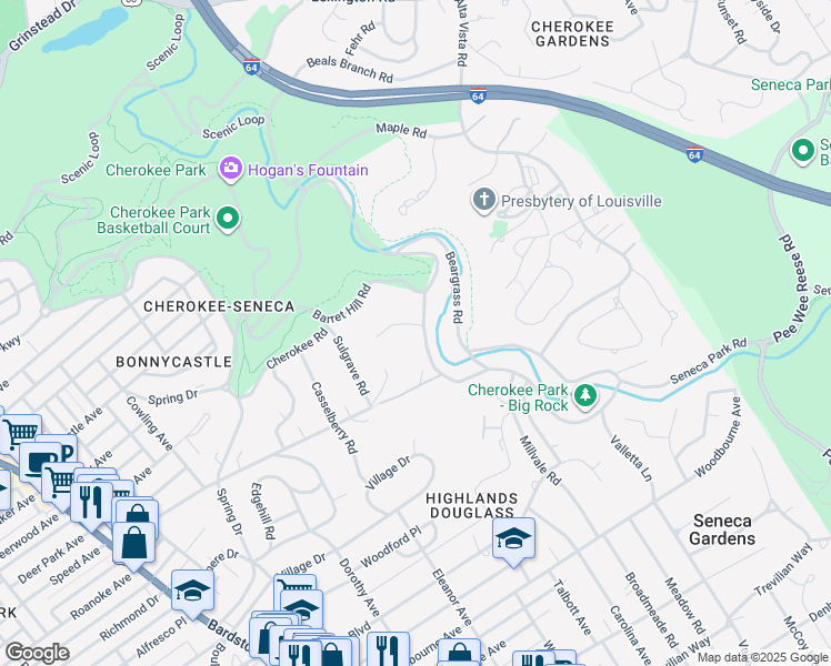 map of restaurants, bars, coffee shops, grocery stores, and more near 2408 Gray Fox Road in Louisville