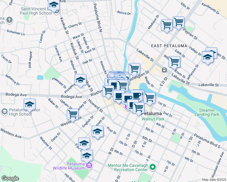 map of restaurants, bars, coffee shops, grocery stores, and more near in Petaluma