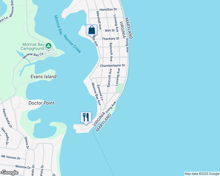 map of restaurants, bars, coffee shops, grocery stores, and more near 1404 Bancroft Avenue in Colonial Beach