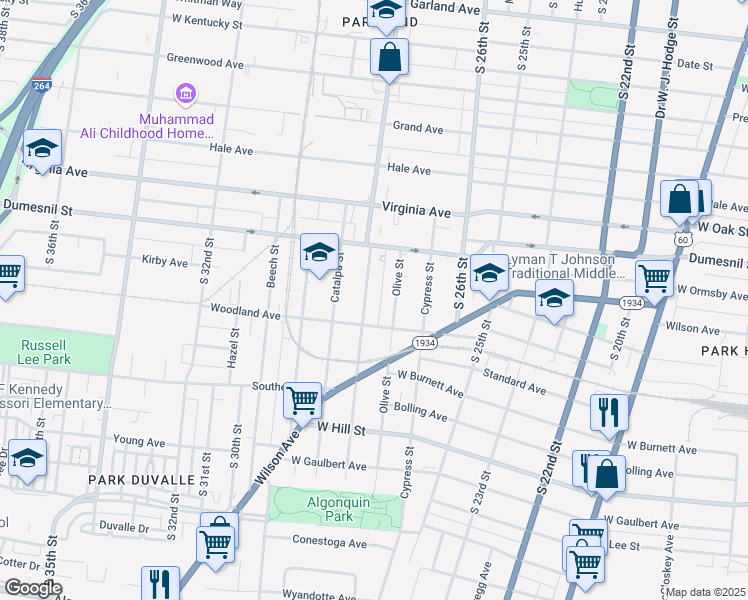 map of restaurants, bars, coffee shops, grocery stores, and more near 1351 Isaac Alley in Louisville