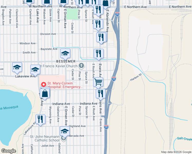 map of restaurants, bars, coffee shops, grocery stores, and more near 1820 East Routt Avenue in Pueblo