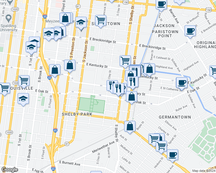map of restaurants, bars, coffee shops, grocery stores, and more near E St Catherine St in Louisville