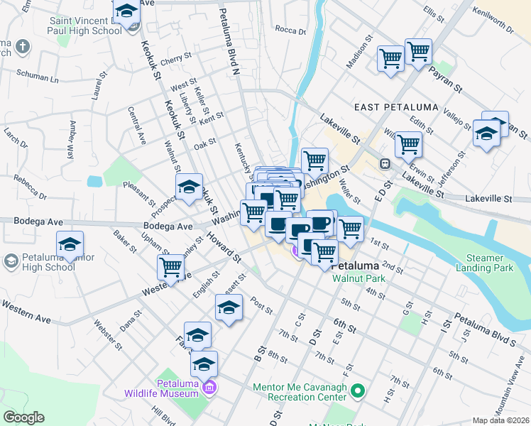 map of restaurants, bars, coffee shops, grocery stores, and more near 147 Kentucky Street in Petaluma