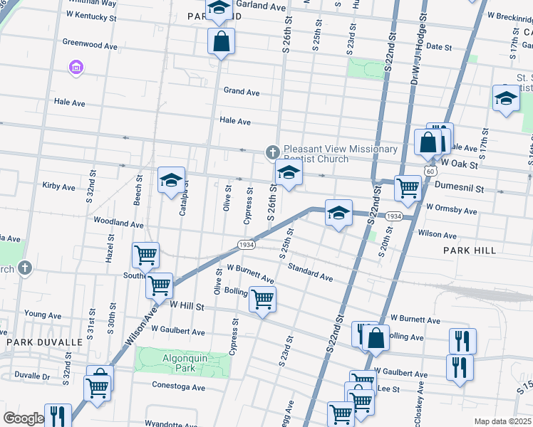 map of restaurants, bars, coffee shops, grocery stores, and more near 1338 South 26th Street in Louisville