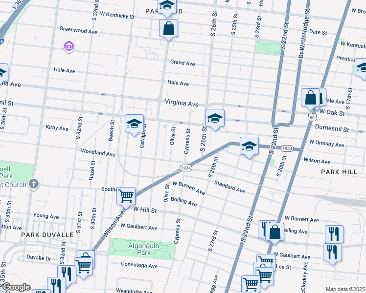 map of restaurants, bars, coffee shops, grocery stores, and more near 1344 Cypress Street in Louisville