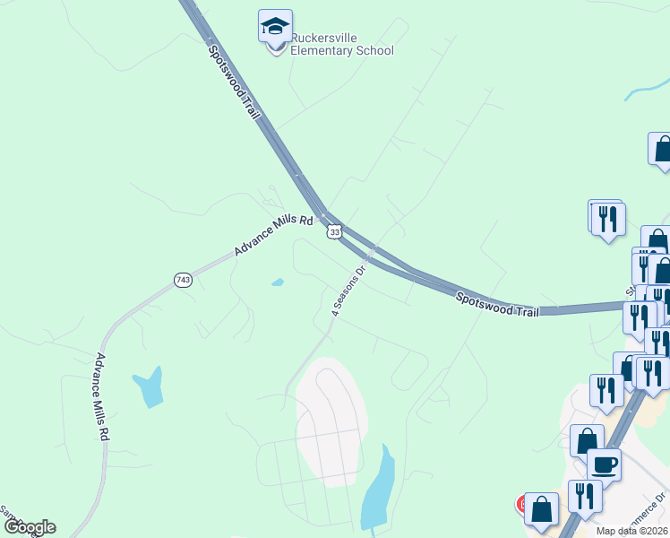 map of restaurants, bars, coffee shops, grocery stores, and more near 21 Ridgemont Road in Ruckersville