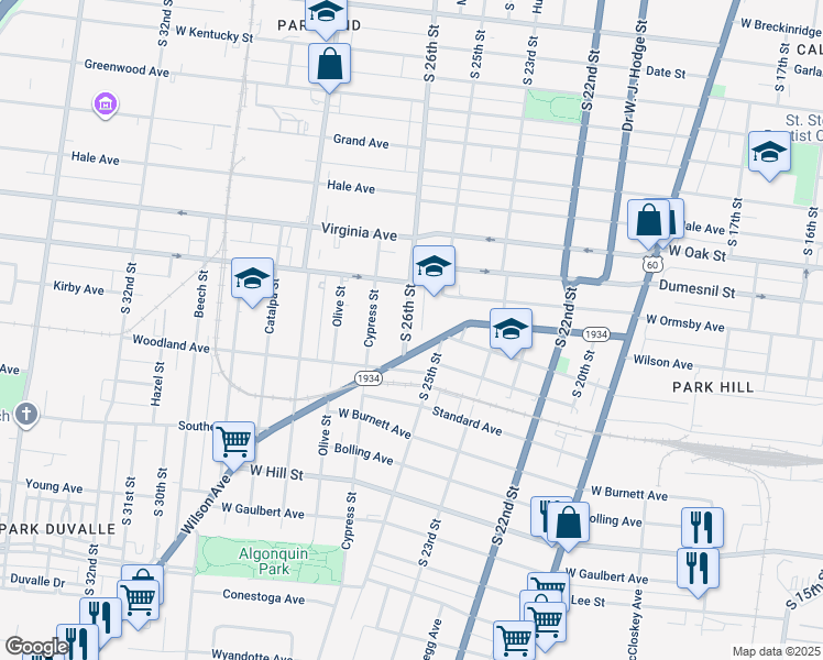 map of restaurants, bars, coffee shops, grocery stores, and more near 1338 South 26th Street in Louisville
