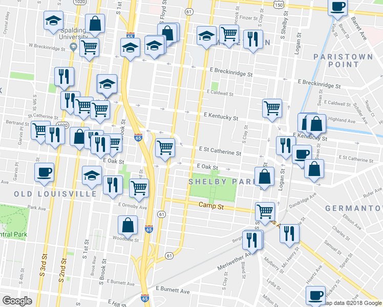 map of restaurants, bars, coffee shops, grocery stores, and more near 436 East Saint Catherine Street in Louisville