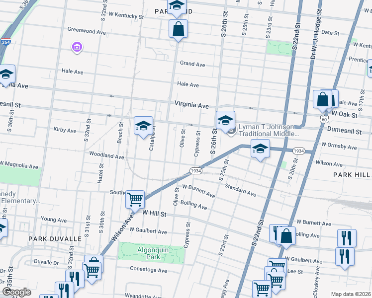 map of restaurants, bars, coffee shops, grocery stores, and more near 1344 Cypress Street in Louisville