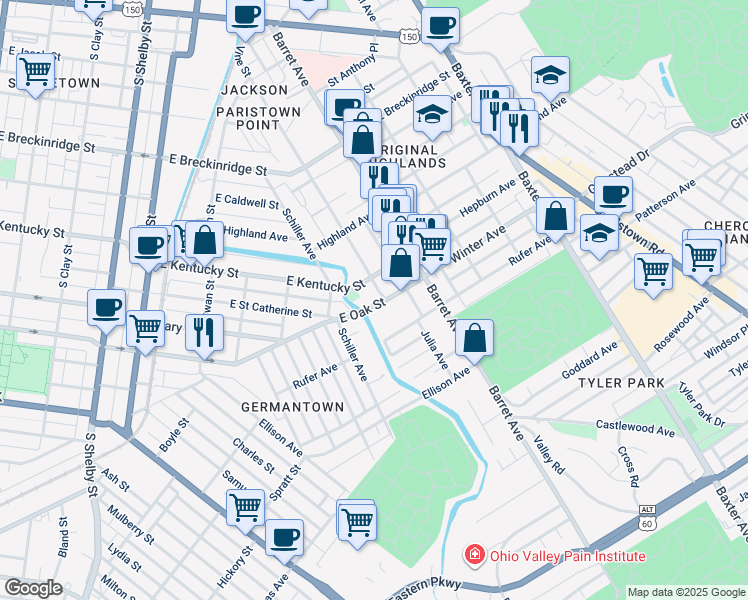 map of restaurants, bars, coffee shops, grocery stores, and more near 1241 East Oak Street in Louisville