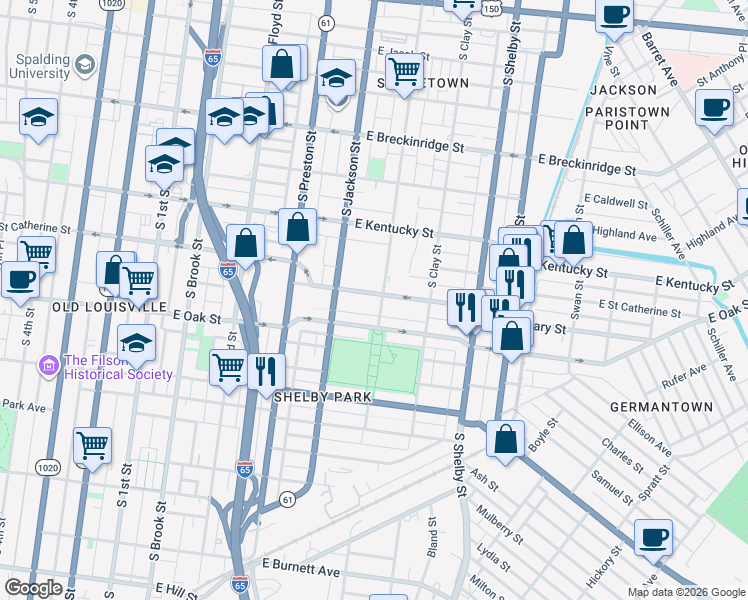 map of restaurants, bars, coffee shops, grocery stores, and more near 536 East Saint Catherine Street in Louisville
