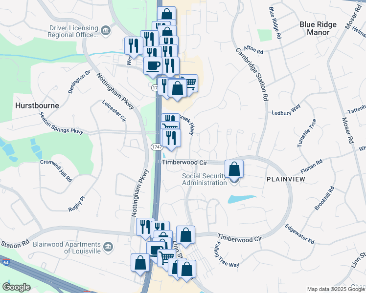 map of restaurants, bars, coffee shops, grocery stores, and more near 806 Stone Creek Parkway in Louisville