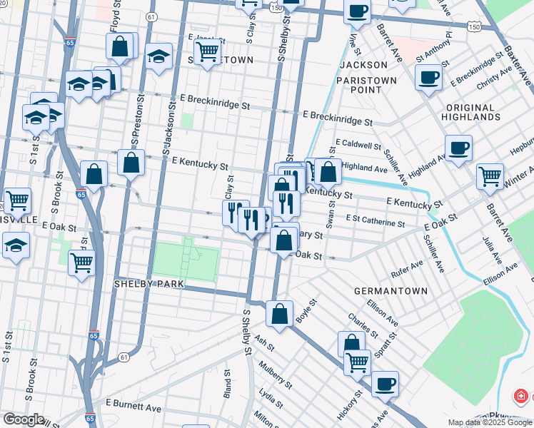 map of restaurants, bars, coffee shops, grocery stores, and more near 729 East Saint Catherine Street in Louisville