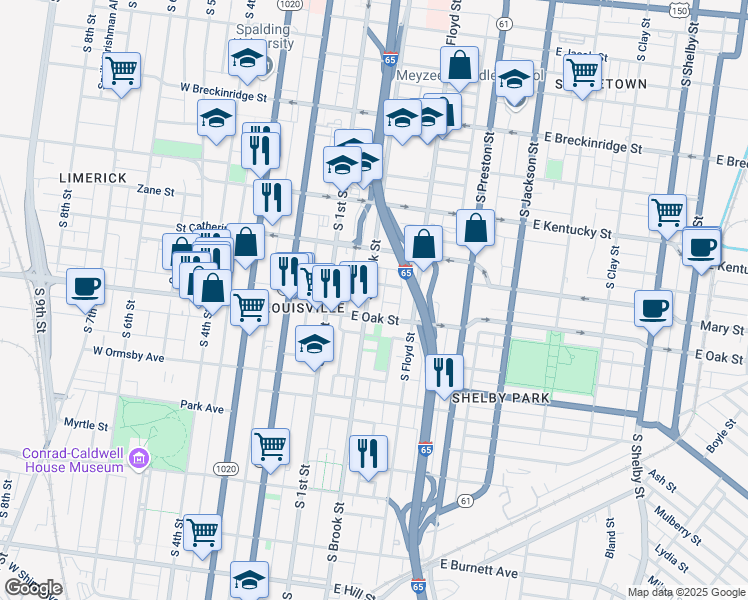 map of restaurants, bars, coffee shops, grocery stores, and more near 1141 South Brook Street in Louisville