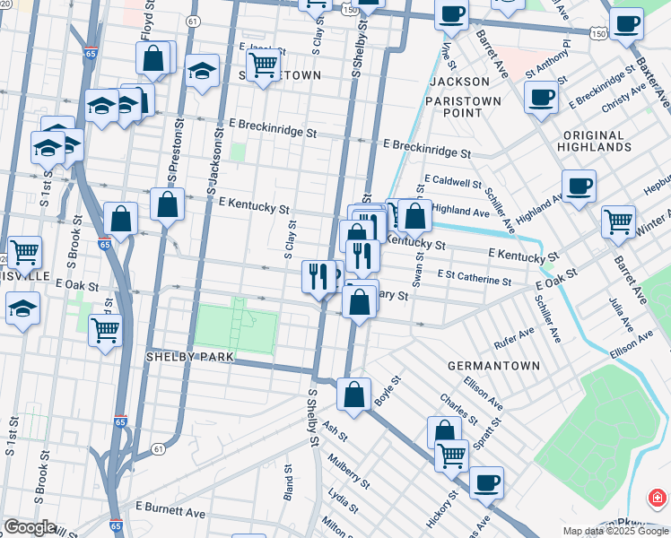 map of restaurants, bars, coffee shops, grocery stores, and more near 729 East Saint Catherine Street in Louisville