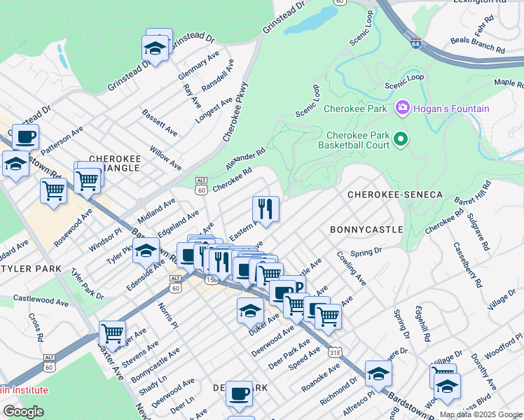 map of restaurants, bars, coffee shops, grocery stores, and more near 2103 Eastern Parkway in Louisville