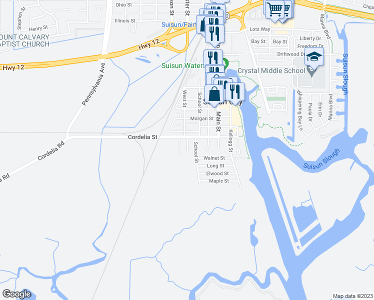 map of restaurants, bars, coffee shops, grocery stores, and more near 1173 Crystal Street in Suisun City