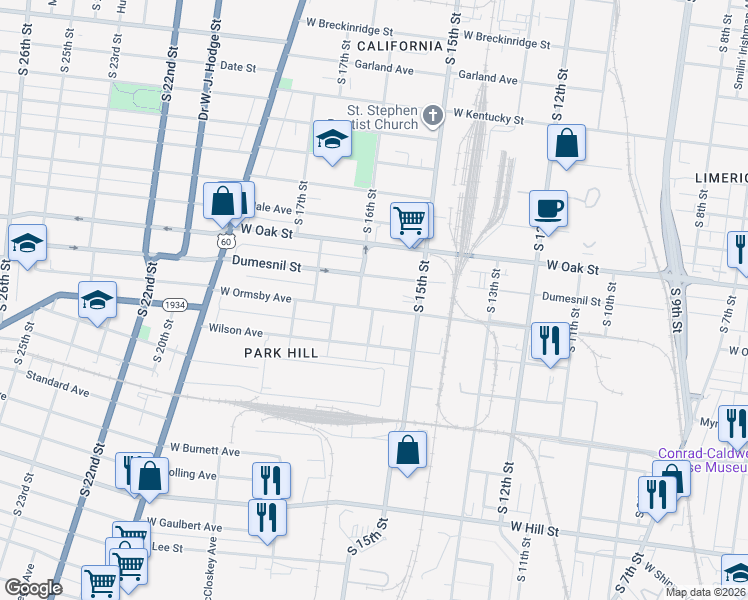 map of restaurants, bars, coffee shops, grocery stores, and more near 1541 West Ormsby Avenue in Louisville