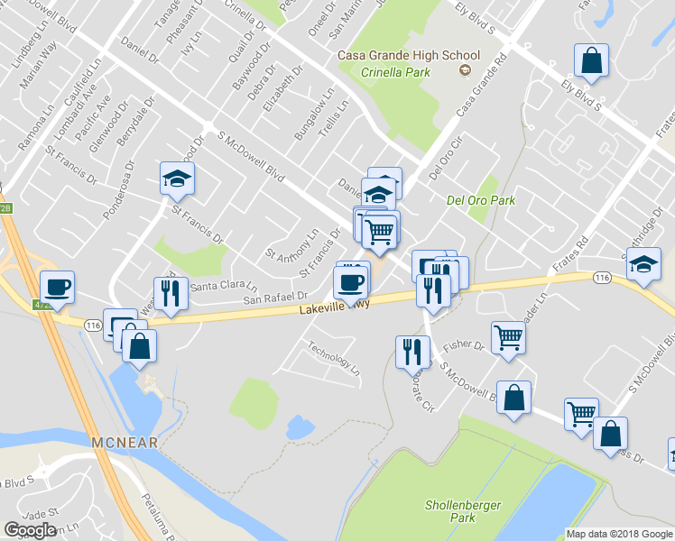 map of restaurants, bars, coffee shops, grocery stores, and more near 1304 San Rafael Drive in Petaluma