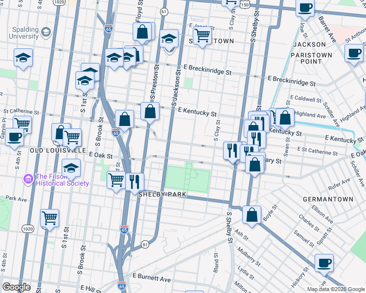 map of restaurants, bars, coffee shops, grocery stores, and more near 528 East Saint Catherine Street in Louisville