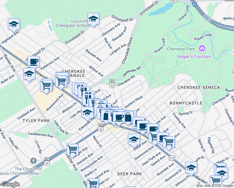 map of restaurants, bars, coffee shops, grocery stores, and more near 1415 Willow Avenue in Louisville